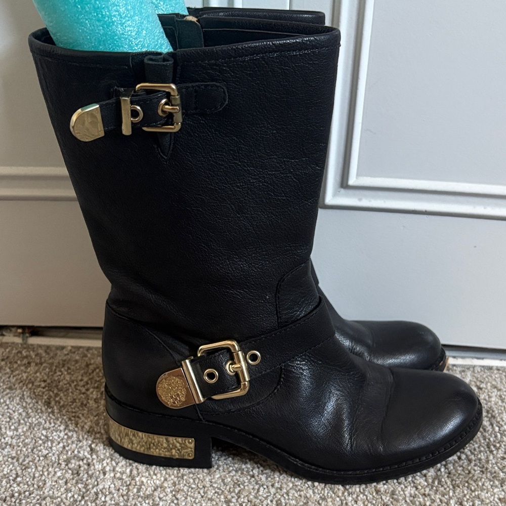 Vince Camuto Black Leather Moto Boots with Gold Buckles